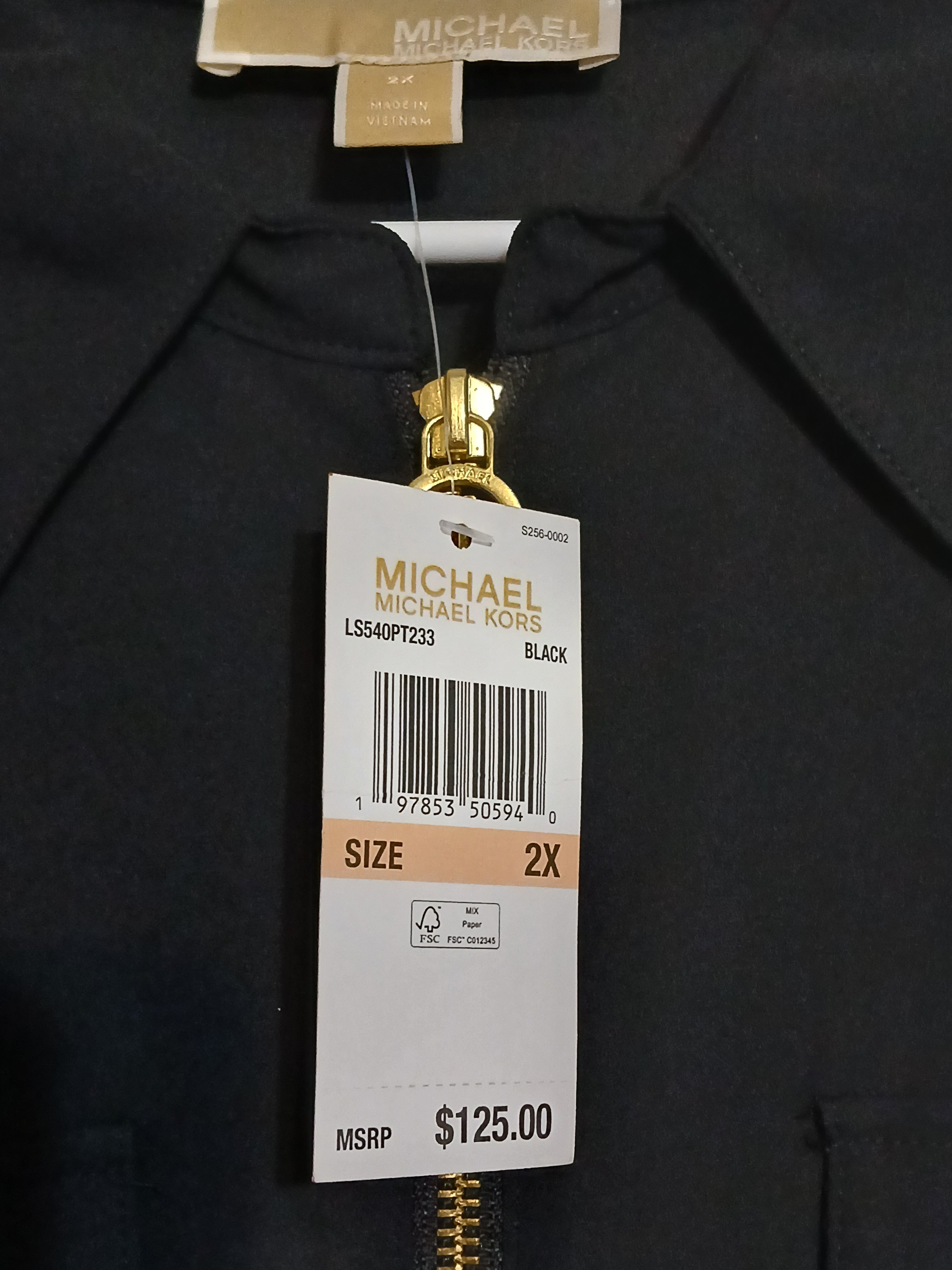 Michael Kors Woman's Blouse Black W/Gold Tone Front Zipper Size 2X