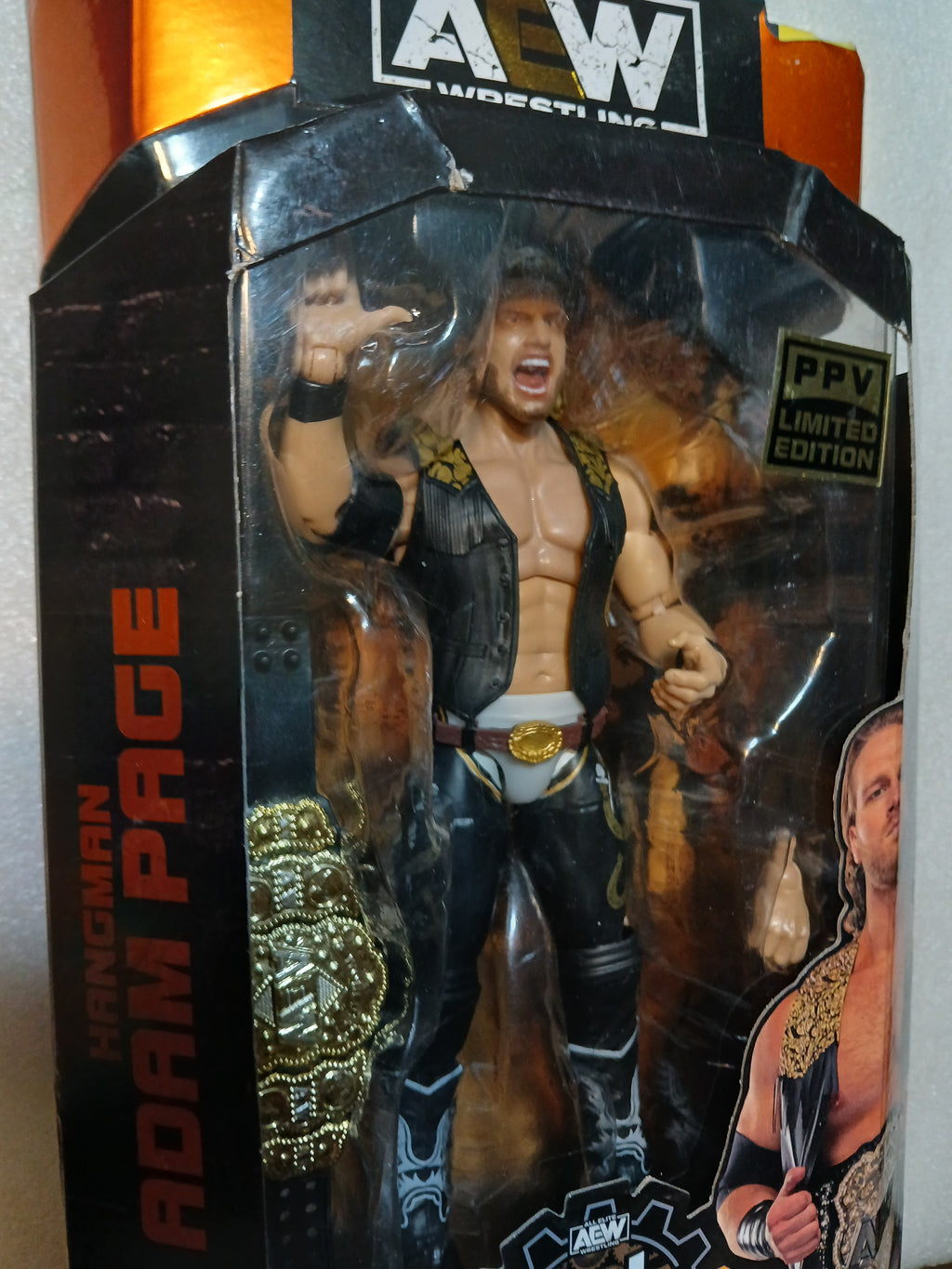 AEW Jazwares Hangman Adam Page Unrivaled Collection Series  action figure Box Has Damage