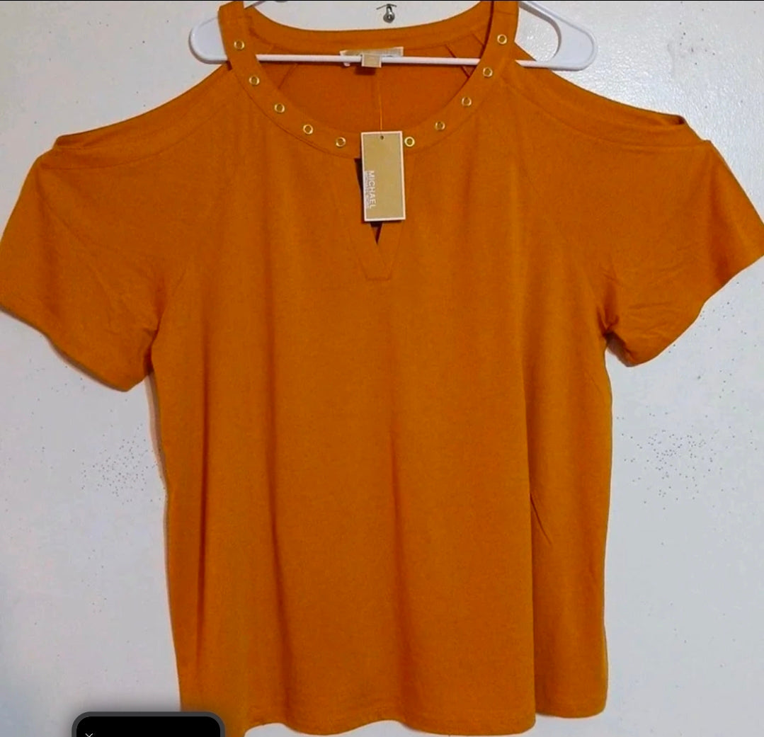 Michael Kors Woman's Cold Shoulder Blouse Gold Color Off The Shoulder Size 2X New With Tags