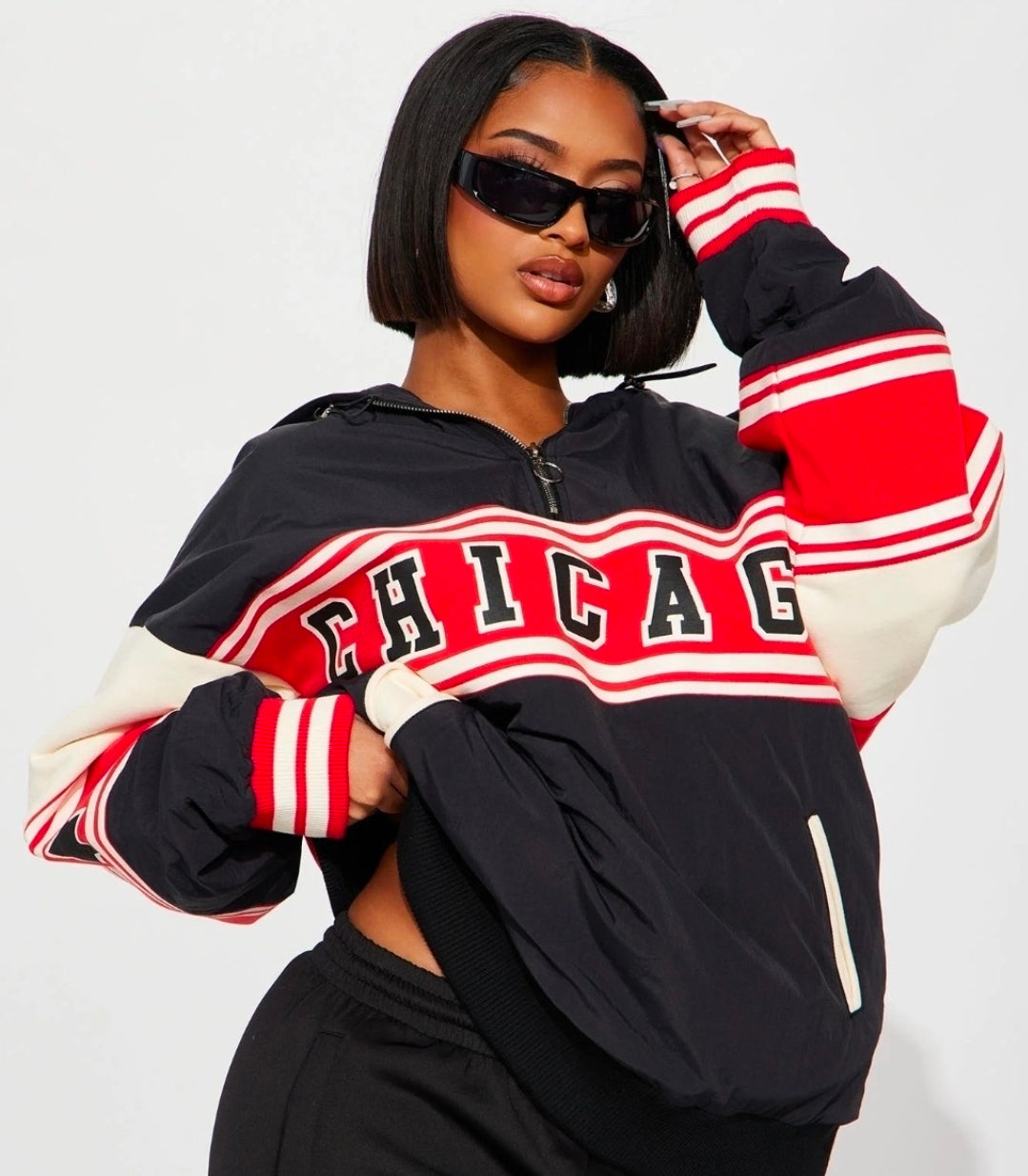 Fashion Nova Women's Chi Town Hooded Bomber Jacket Red Chicago Size Large