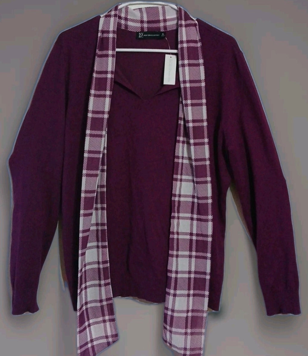 NY&C Solid Purple Women's Long Sleeve Shirt With Scarf Attached New With Tags Size XL