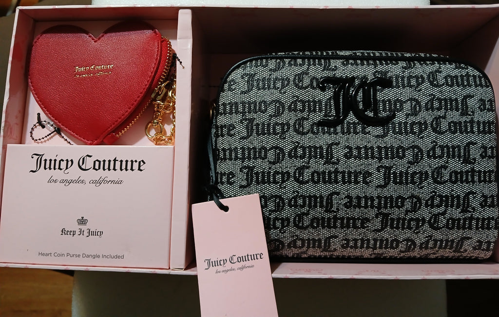 Juicy Couture Women's Camera Crossbody Handbag And Heart Coin Purse set Black Beige