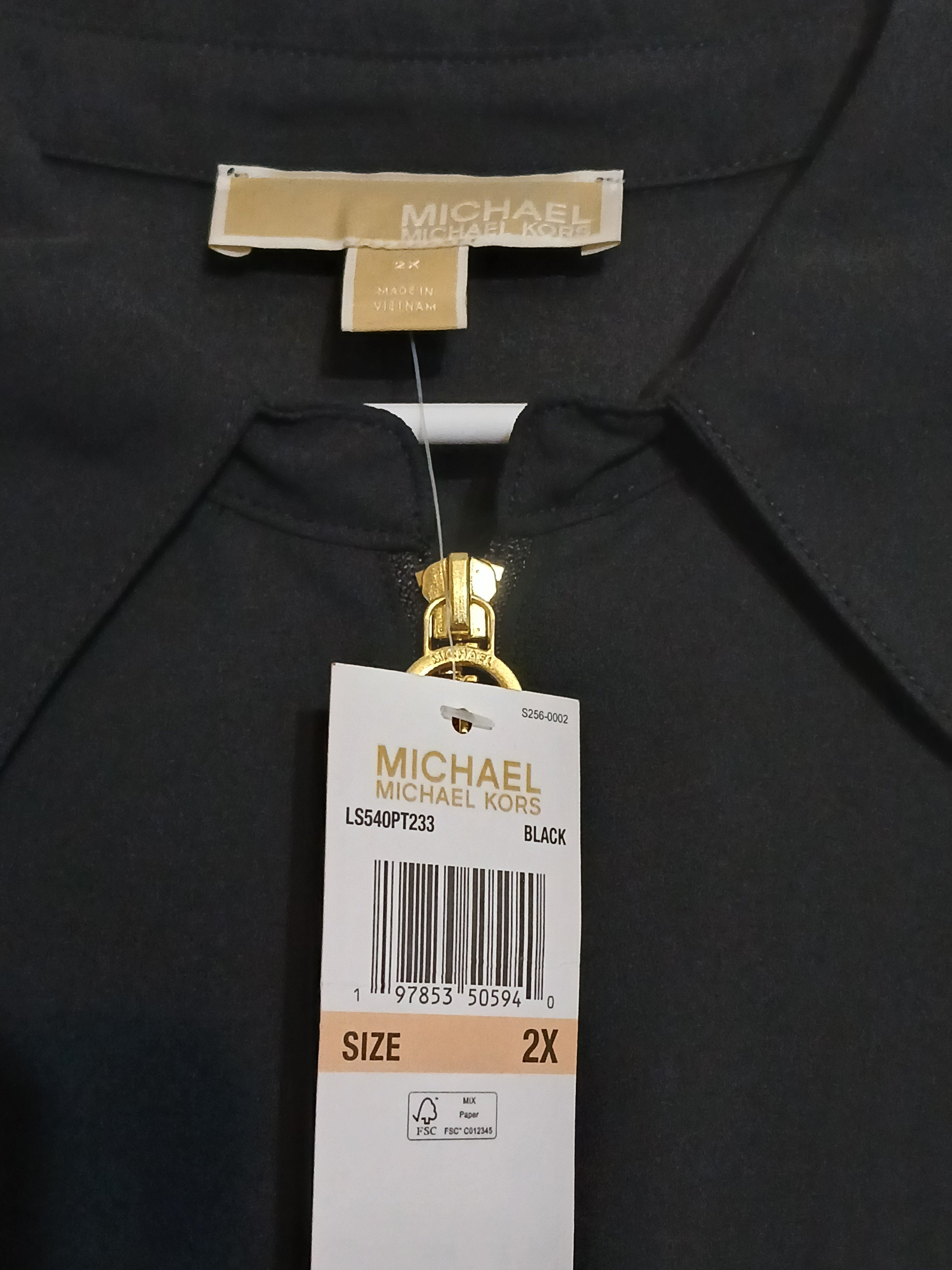 Michael Kors Woman's Blouse Black W/Gold Tone Front Zipper Size 2X