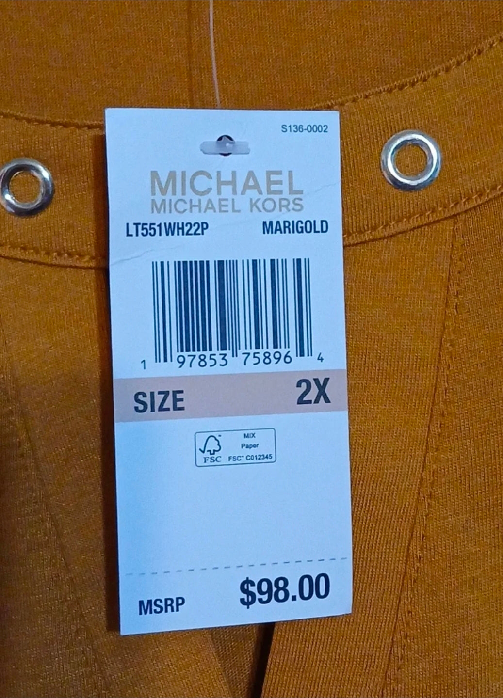 Michael Kors Woman's Cold Shoulder Blouse Gold Color Off The Shoulder Size 2X New With Tags